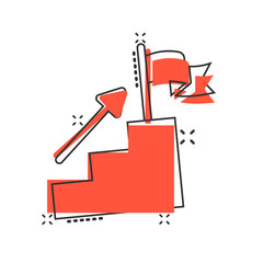 Stair with finish flag icon in comic style. Leadership challenge cartoon vector illustration on white background. Career growth splash effect business concept.
