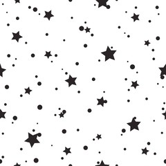Seamless cute pattern with little rounded back stars, dots and circles on white background.
