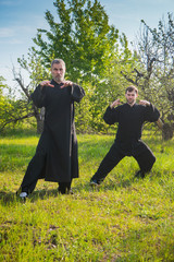 two men practice tai Chi in a garden