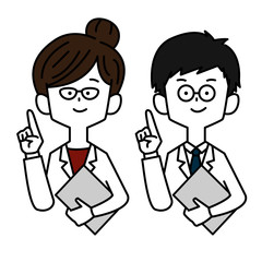 ノートPC片手に指差しする医師男女