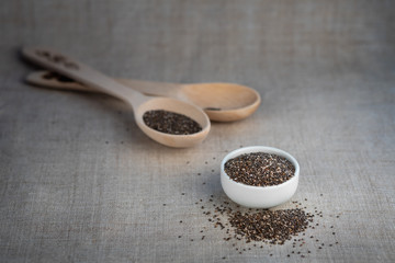 Chia seed in a bowl and on a wooden spoon on the table