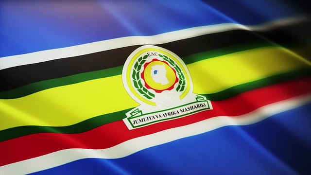 4k East African Community flag;EAC cloth texture slow seamless loop waving with visible wrinkles in wind sky background.A fully digital rendering;animation loops at 40 seconds.