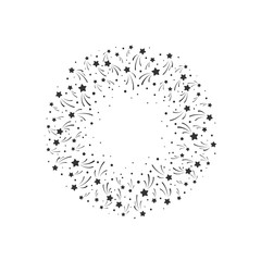 Holiday fireworks round frame with stars and glitter dots on white background.