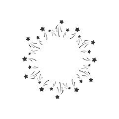 Fototapeta premium Holiday fireworks round frame with stars and glitter dots on white background.