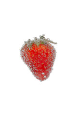 Red strawberry with bubbles on white background