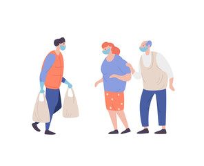 Volunteer helps elderly couple during coronavirus pandemic.Young man with packages in hands carrying necessities for old citizen. Concept assistance and support to people at risk of virus infection