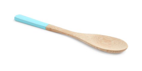 Wooden spoon with light blue handle isolated on white. Cooking utensil