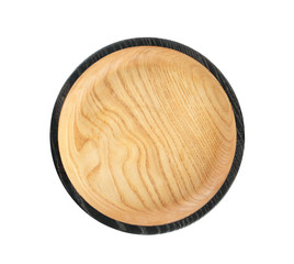 Stylish wooden plate isolated on white, top view. Cooking utensil