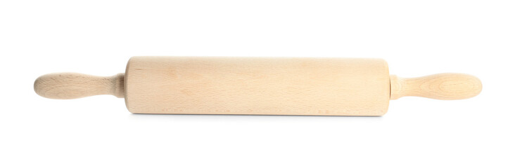 New wooden rolling pin isolated on white. Cooking utensil