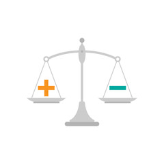 Black mechanical scales with plus and minus in pans. value, solution and rationality balance.