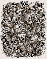 Cartoon vector doodles Africa illustration. Monochrome african funny picture