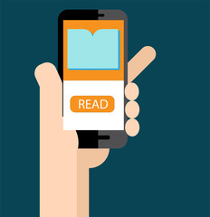 E-book on the smartphone screen. Vector flat illustration