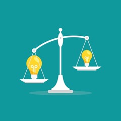 White mechanical scales withbig ans small light bulb in pans.