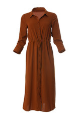 Stylish long dark red dress on white background