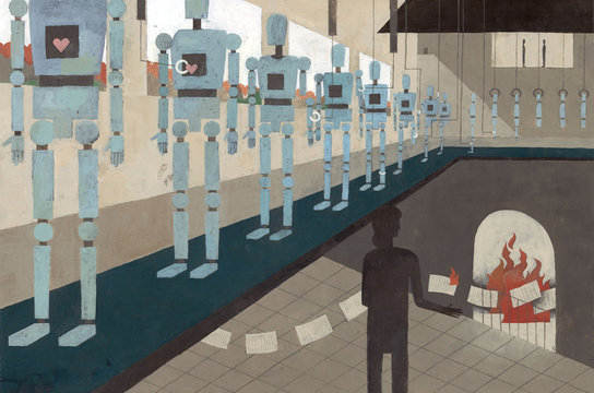 Illustration of woman and robots in industry