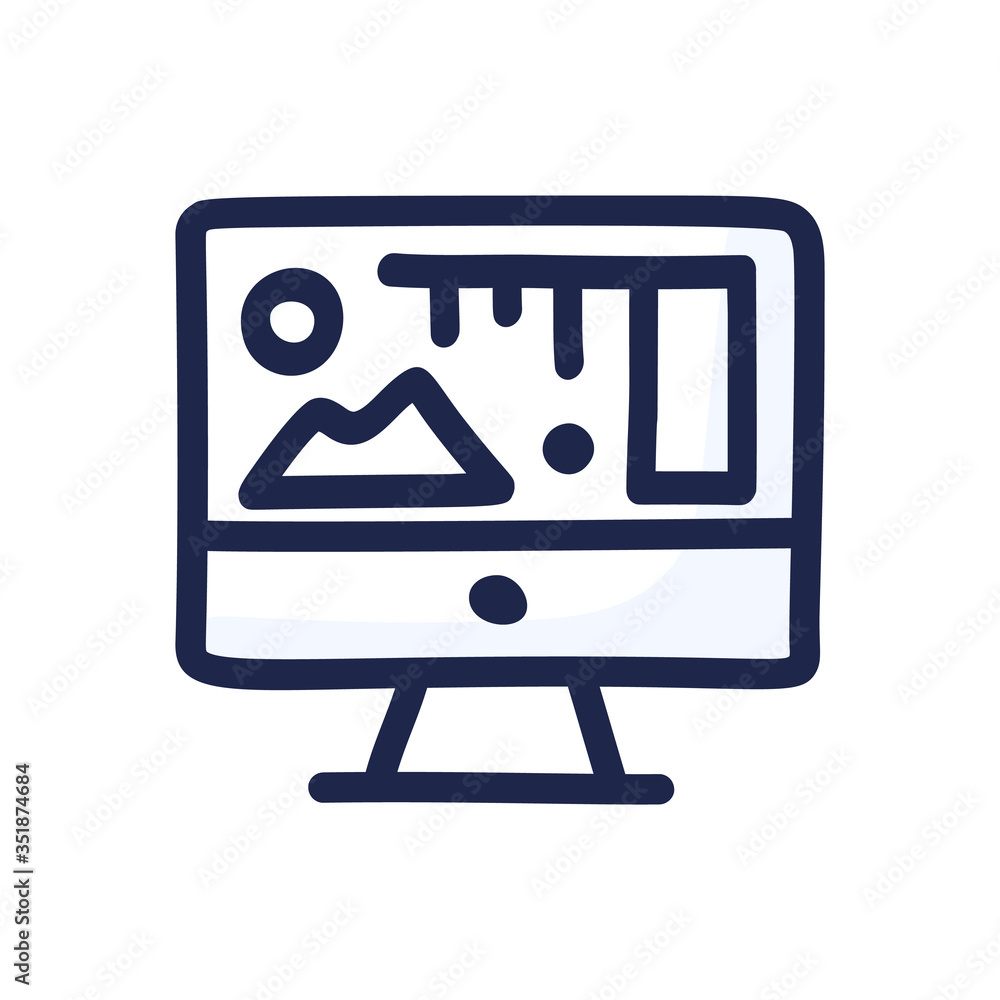 Poster computer screen in doodle style displaying art, statistics and analytics data in hand drawn sketch s