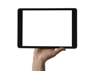 Woman holding tablet computer with blank screen on white background, closeup. Modern gadget