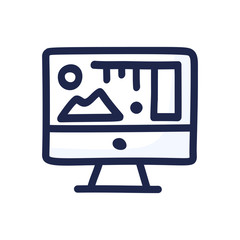 Computer screen in doodle style displaying art, statistics and analytics data in hand drawn sketch style. Unfilled line art.
