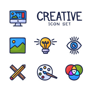 Hand drawn Creativity Graphic and web design line icons. Cartoon doodle vector icon palette, bulb idea, pencil, ruler, monitor, art and other
