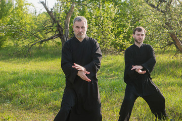 Senior and young guy do Qi Gong or Tai Chi exercise in the apple savage garden
