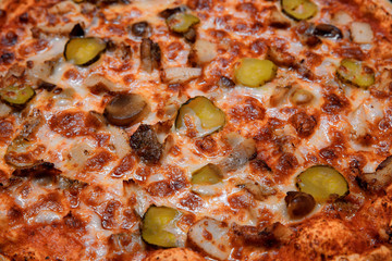Pizza with mozzarella cheese, salami, tomatoes, pepper, and spices. Italian pizza. Close-up