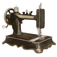 Vintage dark brown sewing machine, watercolour illustration. dress making tool.