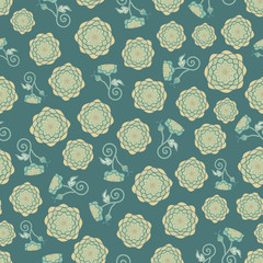 Vector Flower Silhouettes in Green with Leaves on Green Background Seamless Repeat Pattern. Background for textiles, cards, manufacturing, wallpapers, print, gift wrap and scrapbooking.