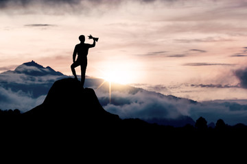 Success silhouette, confident and winner or achievement in business concept, Successful and confidential people, businessman standing and show award to celebrate for win on top of mountain