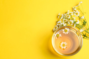 Cup of tea and chamomile flowers on yellow background, flat lay. Space for text