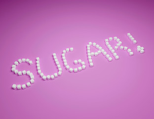 Word SUGAR of sugar cubes on pink background, 3d render