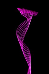 Long exposure photograph of neon pink colour in an abstract swirl, parallel lines pattern against a black background. Light painting photography.