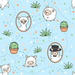 seamless blue background llama and sheep 