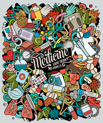 Medicine hand drawn vector doodles illustration. Medical poster design.