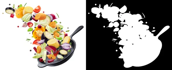 Photo sur Plexiglas Légumes frais Different vegetables falling into frying pan on white background