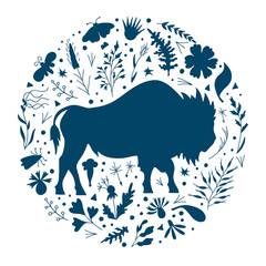 Silhouette of a bison on a background of herbs and flowers. Round frame isolated on a white background with a buffalo surrounded by floral decorative elements. Vector stencil. Wall sticker.