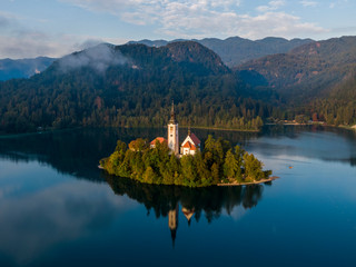 Aerial view of the Bled island in the morning