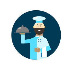a uniformed cook holds a ready-made dish on a tray. vector flat illustration