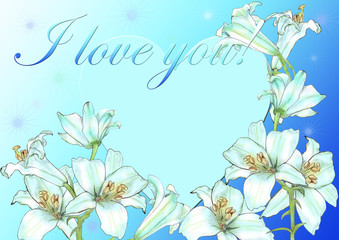 Creative composition with the image of a bouquet of garden flowers. Theme of summer. Blue lilies, a huge heart. Close-up, blue tones. Design for print. Greeting card with a wish.