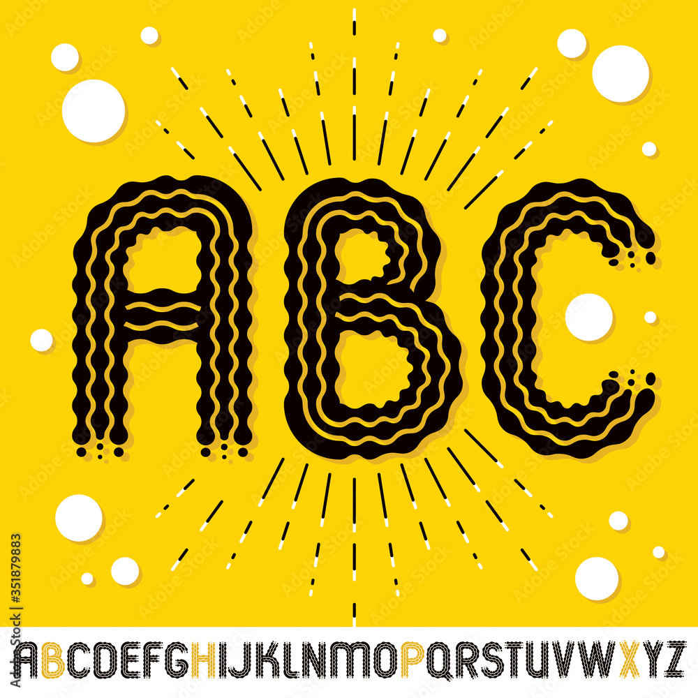Poster vector funky capital english alphabet letters, abc collection. rounded bold retro font, typescript c