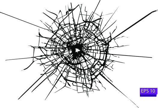 Broken glass, cracks, bullet marks on glass. High resolution. Texture glass with black hole.