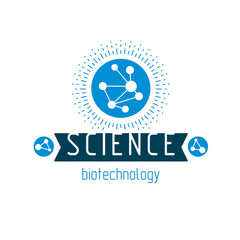 Vector model of molecule created using wireframe connection. Molecular biotechnology conceptual logotype for use in advertisement and as business creative emblem.