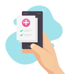 Medical prescription form online list with health results person data and approved check marks on mobile phone vector flat cartoon, illustration of healthcare checklist document on smartphone design