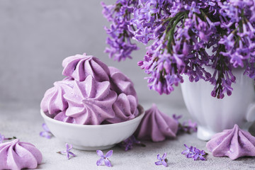 Obraz na płótnie Canvas Purple meringue cookies with lilac flowers in vase on concrete background. still life