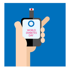 Banner world diabetes day, blood glucose Meter in hand. For banner, poster, social media. vector