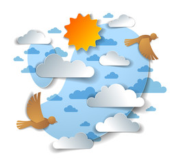 Birds flying in the sky among beautiful clouds and sun, summer cloudscape, vector illustration in paper cut kids style.