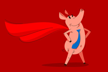 Funny cartoon businessman pig wearing a tie and stands confident like a superhero, business man swine humorous illustration, animal character drawing vector.