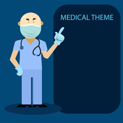 The doctor points with his index finger at the medical recommendations . Medical concept doctor makes a presentation. Doctor's recommendations are mandatory. Flat illustration. Vector