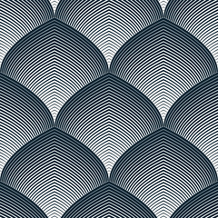 Abstract lines geometric seamless pattern, vector repeat endless fabric background. Roof tiling or fish squama shapes motif. Single color, black and white.