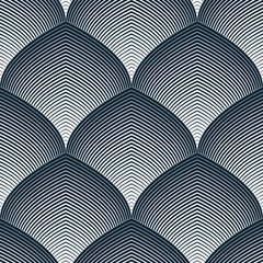 Abstract lines geometric seamless pattern, vector repeat endless fabric background. Roof tiling or fish squama shapes motif. Single color, black and white.
