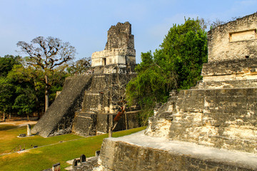 Fototapeta na wymiar Tikal National Park on Unesco World Heritage. The Grand Plaza with Temple II (Temple of the Masks)